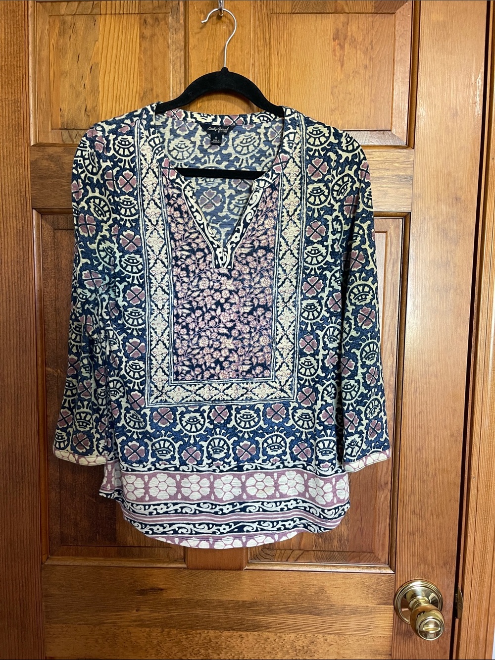 Lucky Brand Navy and Dusty Rose Boho V-Neck Blouse